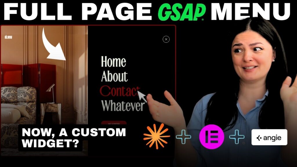Thumbnail for my video turning a GSAP full screen menu snippet into a custom Elementor widget with Angie and the Elementor MCP